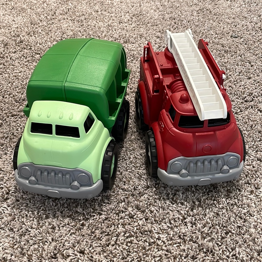 Green Toys firetruck and garbage truck